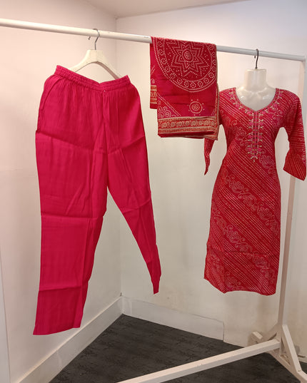 LADIES KURTI SET CODE-A418 Women’s Pink Bandhani Print Kurta Pant Set with Printed Dupatta
