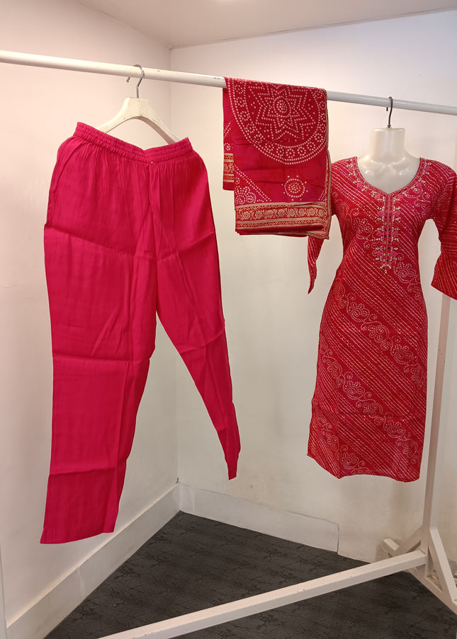 LADIES KURTI SET CODE-A418 Women’s Pink Bandhani Print Kurta Pant Set with Printed Dupatta