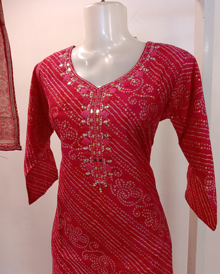 LADIES KURTI SET CODE-A418 Women’s Pink Bandhani Print Kurta Pant Set with Printed Dupatta