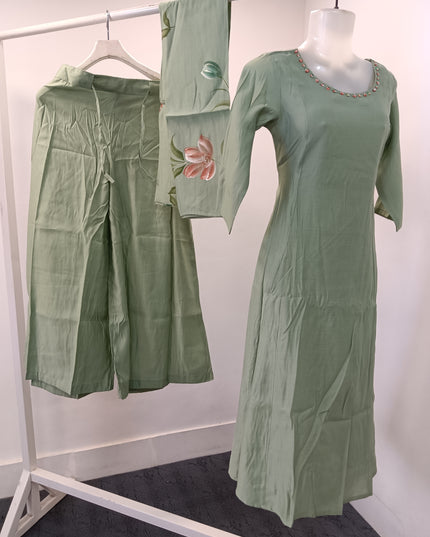 LADIES PALZO SET A432 Women’s Cotton Kurta Palazzo Set with Floral Printed Dupatta – Cream & Pista Green