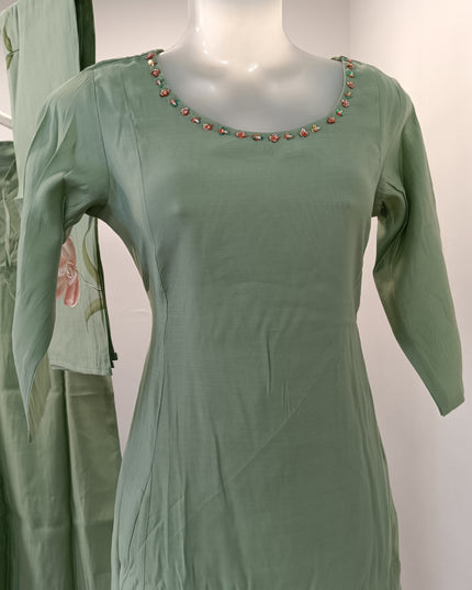 LADIES PALZO SET A432 Women’s Cotton Kurta Palazzo Set with Floral Printed Dupatta – Cream & Pista Green