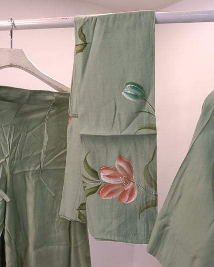LADIES PALZO SET A432 Women’s Cotton Kurta Palazzo Set with Floral Printed Dupatta – Cream & Pista Green