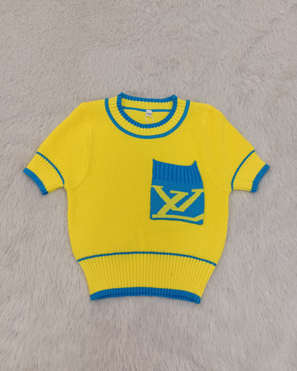 G.TOPS A472 Girls Knitted Pocket Top for Kids - Wine & Yellow | He And She