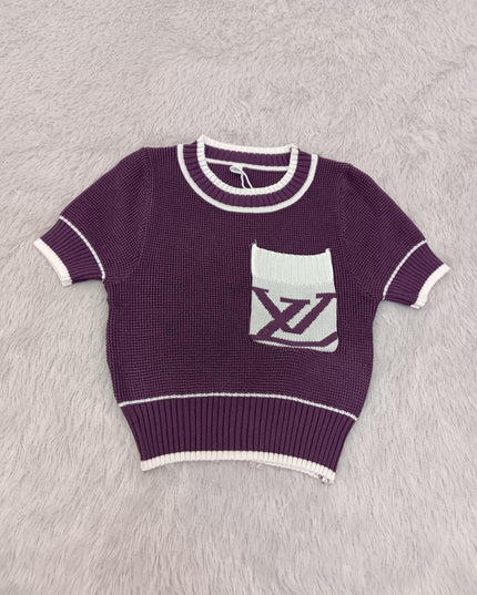 G.TOPS A472 Girls Knitted Pocket Top for Kids - Wine & Yellow | He And She