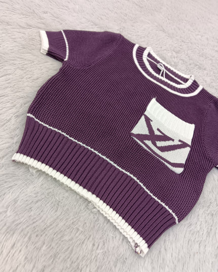 G.TOPS A472 Girls Knitted Pocket Top for Kids - Wine & Yellow | He And She