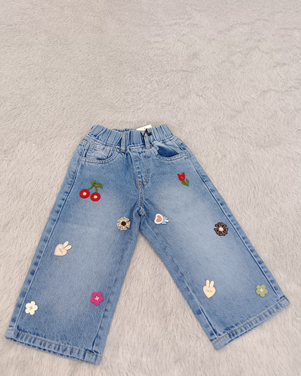 G.JEANS A463 Girls Light Blue Wide Leg Jeans with Cute Embroidery | He & She