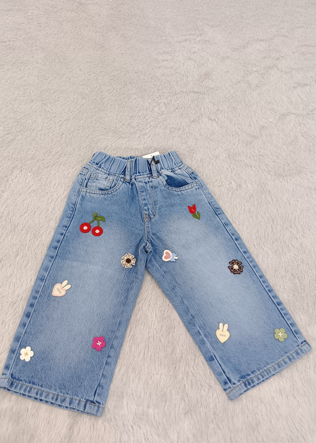 G.JEANS A463 Girls Light Blue Wide Leg Jeans with Cute Embroidery | He & She