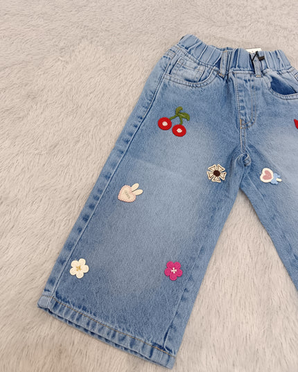 G.JEANS A463 Girls Light Blue Wide Leg Jeans with Cute Embroidery | He & She