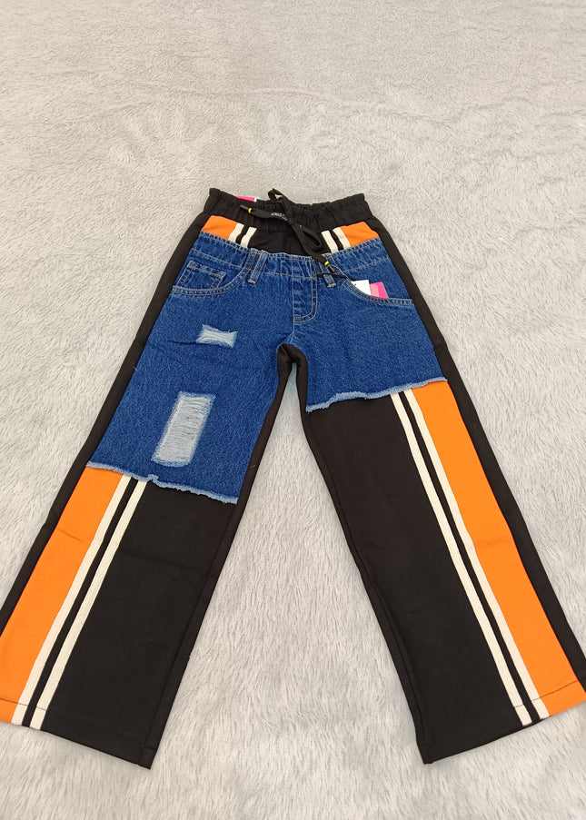 G.JEANS A462 Girls Blue Denim Baggy Jeans with Orange & Black Panel Details | He & She