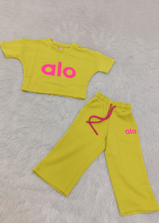 G.CORD SET A443 Girls Green Co-Ord Set – Printed Crop Top & Wide-Leg Pants | He and She