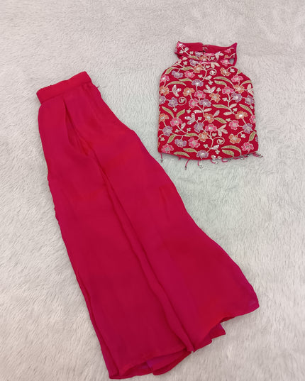 G.PLAZO SET A471 Girls Pink Embroidered Palazzo Set | He And She