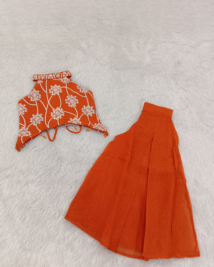 GIRLS PLAZO SET A442 Girls Orange Palazzo Set – Embroidered Halter Top & Flared Pants | He and She