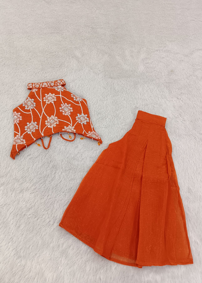 GIRLS PLAZO SET A442 Girls Orange Palazzo Set – Embroidered Halter Top & Flared Pants | He and She