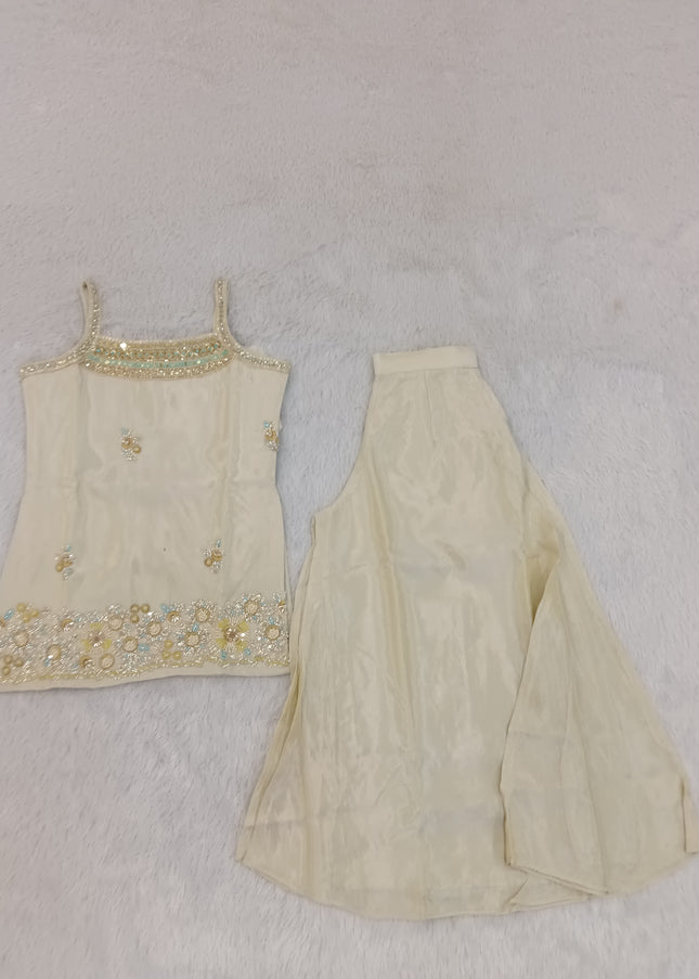 G.PLAZO A465 Girls Cream Embellished Palazzo Set | He And She