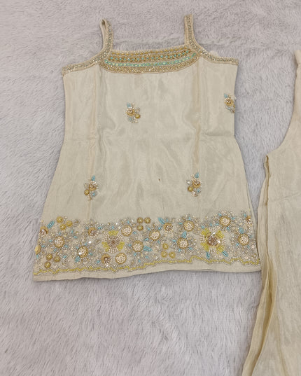 G.PLAZO A465 Girls Cream Embellished Palazzo Set | He And She