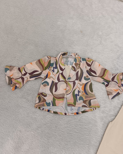 G.SET A448 Girls Printed Co-Ord Set with Flared Sleeve Top & Beige Pants – He And She