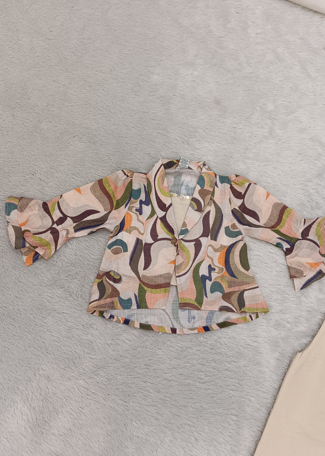 G.SET A448 Girls Printed Co-Ord Set with Flared Sleeve Top & Beige Pants – He And She