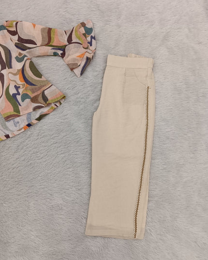 G.SET A448 Girls Printed Co-Ord Set with Flared Sleeve Top & Beige Pants – He And She