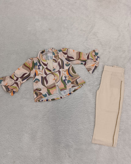 G.SET A448 Girls Printed Co-Ord Set with Flared Sleeve Top & Beige Pants – He And She