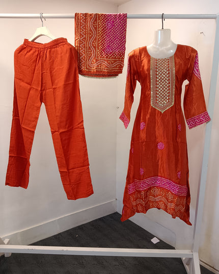 LADIES PLAZO SET A527 Women’s Rust Orange Anarkali Kurti Set with Dupatta & Pants