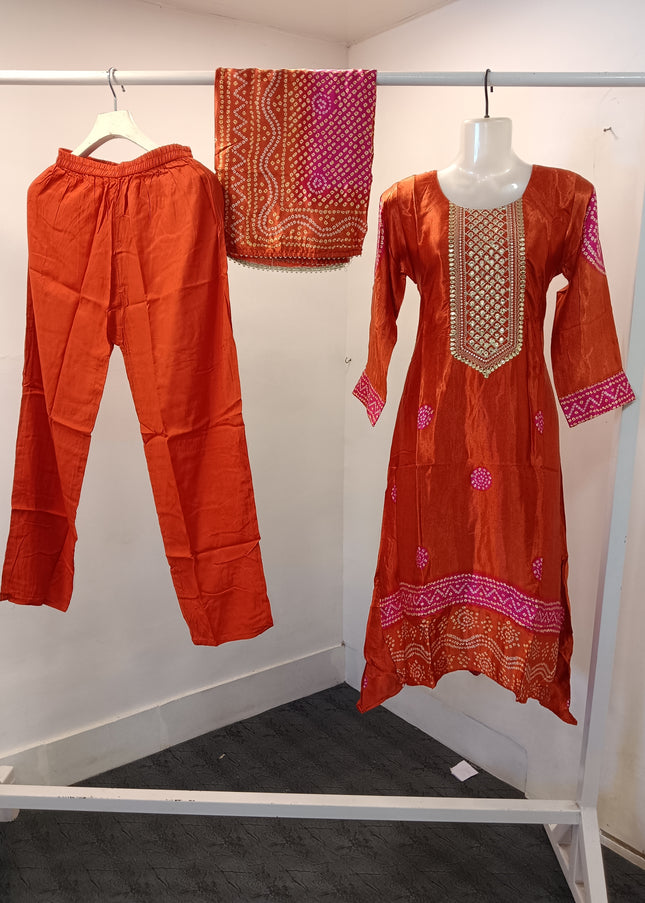 LADIES PLAZO SET A527 Women’s Rust Orange Anarkali Kurti Set with Dupatta & Pants