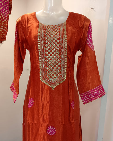 LADIES PLAZO SET A527 Women’s Rust Orange Anarkali Kurti Set with Dupatta & Pants