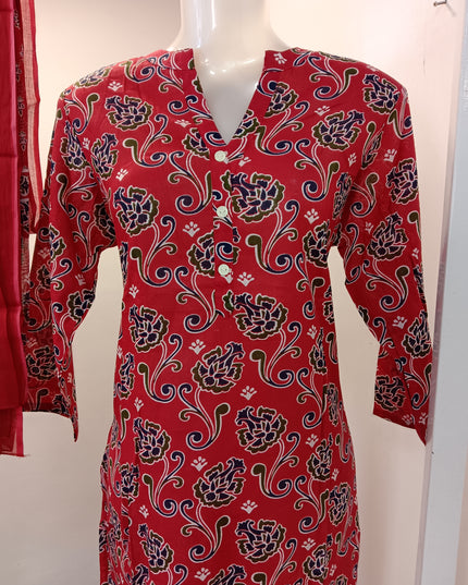 LADIES DRESS A479 Women’s Red Printed Kurti Set with Dupatta & Matching Pants | He And She