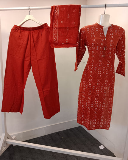 LADIES DRESS A480 Women’s Red Printed Kurti Set with Dupatta & Matching Pants | He And She