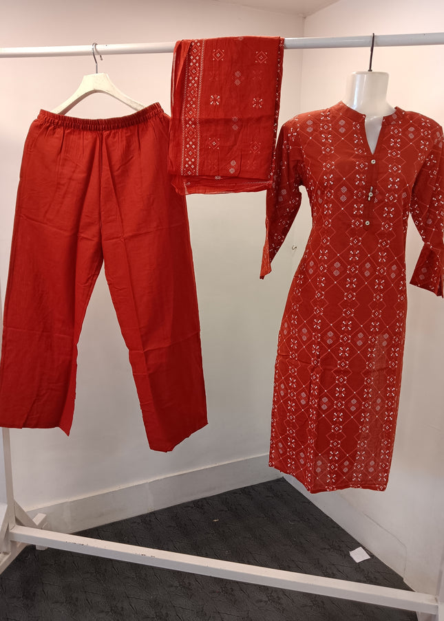 LADIES DRESS A480 Women’s Red Printed Kurti Set with Dupatta & Matching Pants | He And She