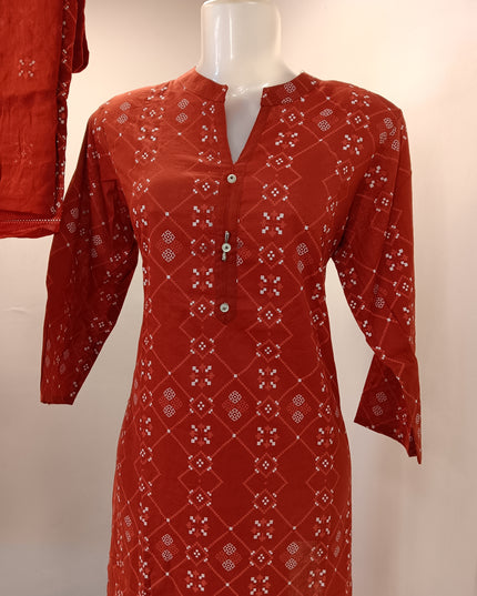 LADIES DRESS A480 Women’s Red Printed Kurti Set with Dupatta & Matching Pants | He And She