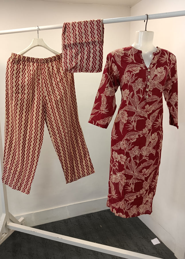 LADIES DRESS A483 Women’s Maroon Floral Printed Kurti Set with Matching Pants & Dupatta