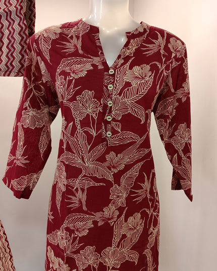 LADIES DRESS A483 Women’s Maroon Floral Printed Kurti Set with Matching Pants & Dupatta