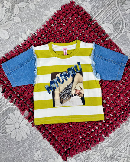 He & She Girls Yellow Striped Graphic Crop Top – Trendy Cotton Summer Kidswear