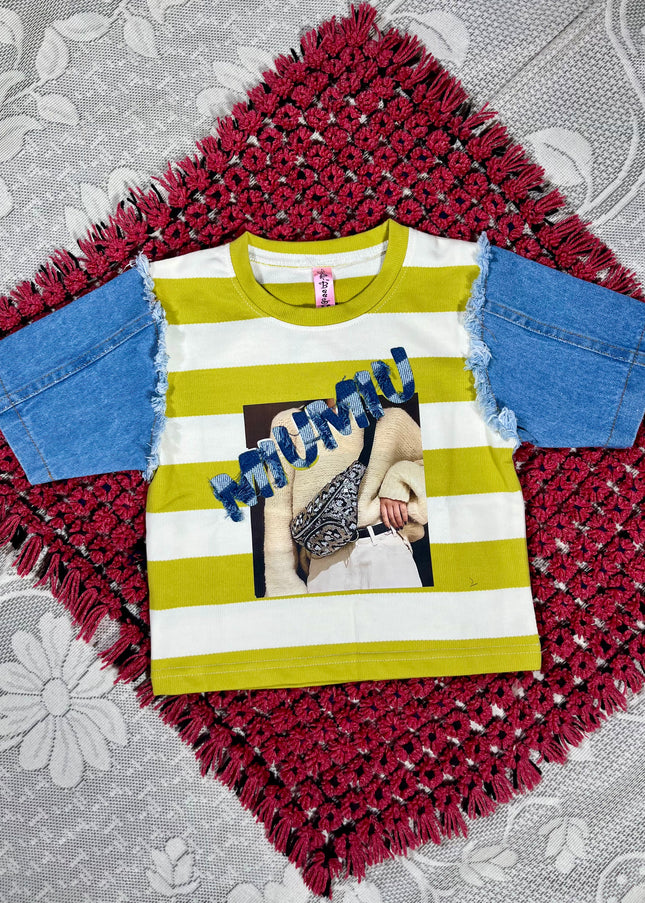 He & She Girls Yellow Striped Graphic Crop Top – Trendy Cotton Summer Kidswear