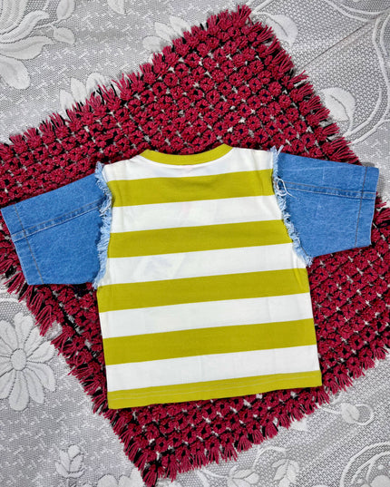 He & She Girls Yellow Striped Graphic Crop Top – Trendy Cotton Summer Kidswear