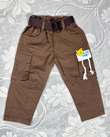 He & She Boys Brown Cotton Cargo Jeans | Stylish Multi-Pocket Kids Pants | Comfortable Casual Wear