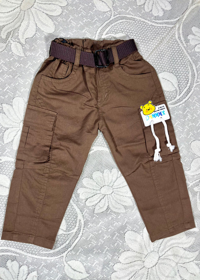 He & She Boys Brown Cotton Cargo Jeans | Stylish Multi-Pocket Kids Pants | Comfortable Casual Wear