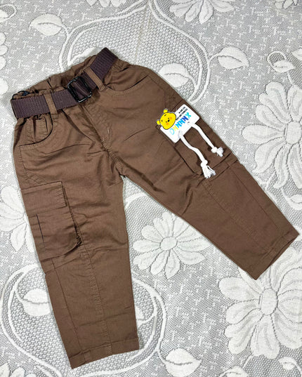 He & She Boys Brown Cotton Cargo Jeans | Stylish Multi-Pocket Kids Pants | Comfortable Casual Wear