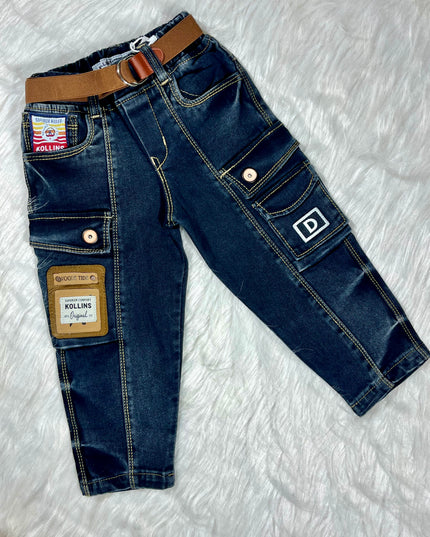Boys Dark Blue Cargo Jeans | Stylish Denim Pants for Kids