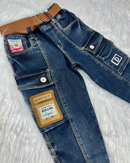 Boys Dark Blue Cargo Jeans | Stylish Denim Pants for Kids
