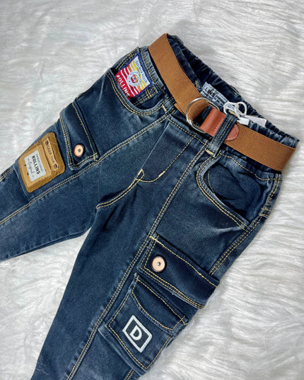 Boys Dark Blue Cargo Jeans | Stylish Denim Pants for Kids