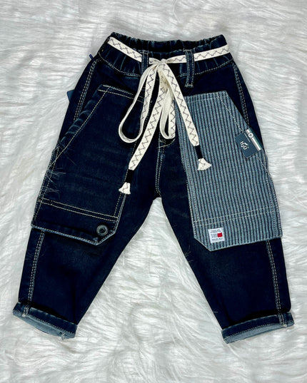 Boys Dark Blue Utility Cargo Jeans | Stylish Denim Jogger Pants for Kids