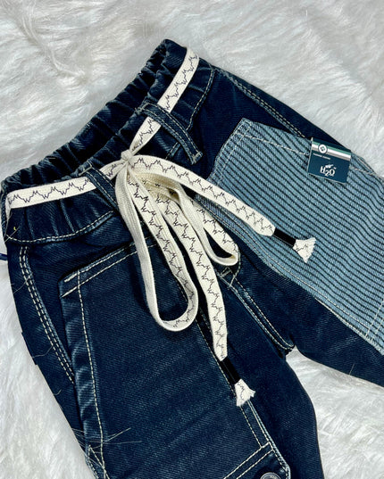 Boys Dark Blue Utility Cargo Jeans | Stylish Denim Jogger Pants for Kids