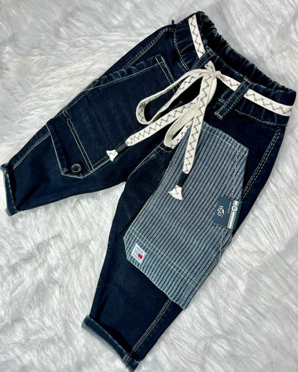 Boys Dark Blue Utility Cargo Jeans | Stylish Denim Jogger Pants for Kids