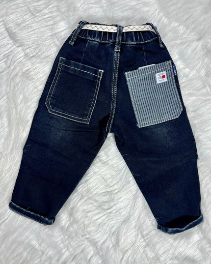 Boys Dark Blue Utility Cargo Jeans | Stylish Denim Jogger Pants for Kids