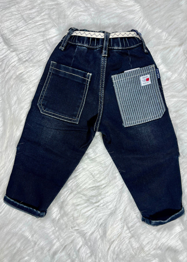 Boys Dark Blue Utility Cargo Jeans | Stylish Denim Jogger Pants for Kids