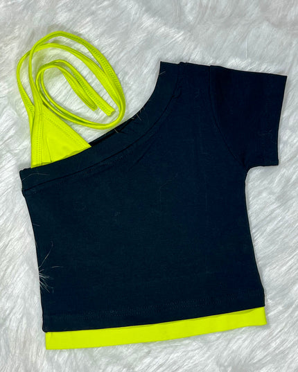 He and She Girls Neon Black Off-Shoulder Crop Top – Stylish Casual Summer Wear for Girls