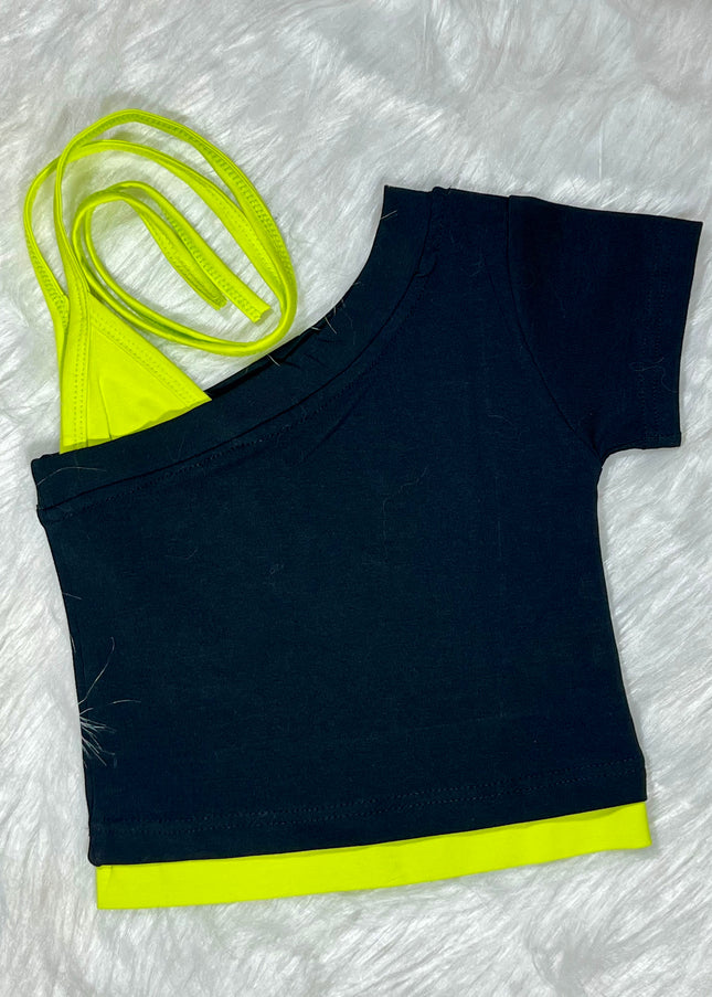 He and She Girls Neon Black Off-Shoulder Crop Top – Stylish Casual Summer Wear for Girls