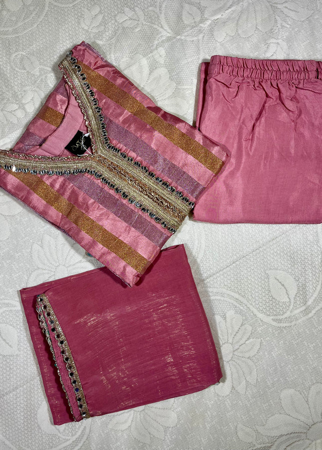 He and She Women’s Pink Embroidered Palazzo Set with Dupatta | Elegant Ethnic Kurta Set
