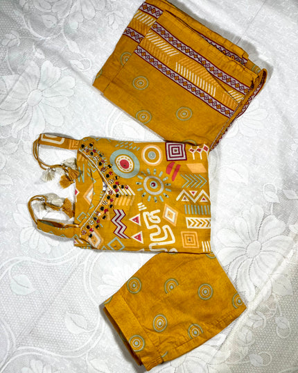 He and She Women’s Mustard Ethnic Printed Kurti Pant Set with Dupatta